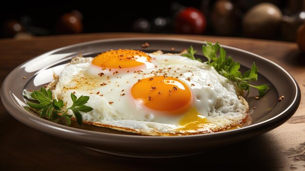 Dos huevos fritos en un plato en una mesa