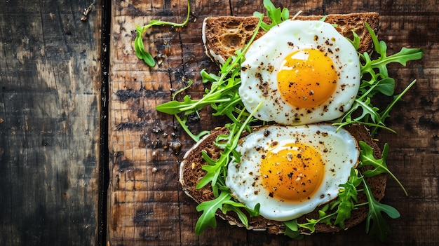Foto dos huevos fritos sobre trozo de pan ideal para desayuno o brunch