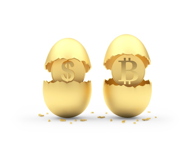 Dos huevos de oro rotos con monedas de dólar y bitcoin