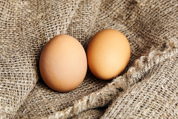 Dos huevos de pollo marrones en textura de saco