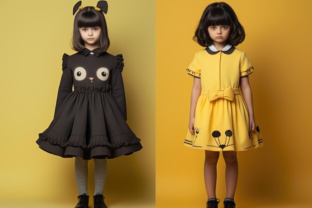 Dos imágenes de una chica con un vestido amarillo y una chica en un vestido negro Moda infantil inspirada en personajes animados populares Generada por IA