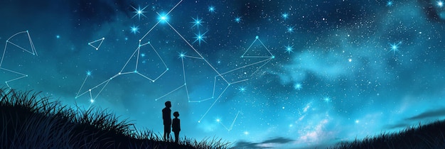 Foto dos individuos bajo un cielo oscuro de medianoche lleno de estrellas