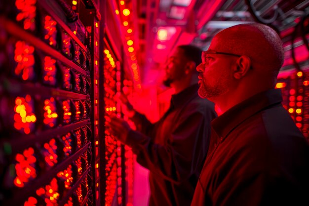 Foto dos individuos expertos en tecnología supervisan las operaciones de computación en la nube