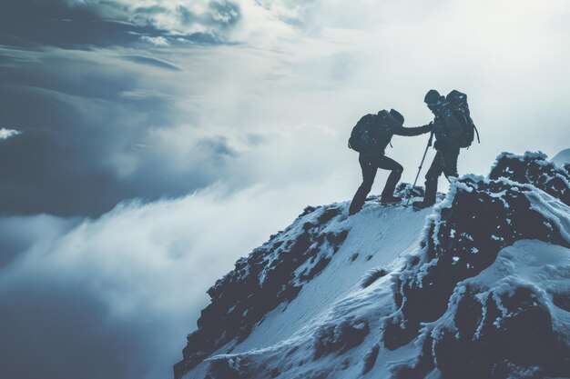 Dos individuos de pie en una montaña cubierta de nieve con una vista panorámica del paisaje circundante Un excursionista que muestra solidaridad ayudando a un amigo en un pico nevado Generado por IA