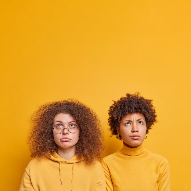 Dos infelices mujeres de pelo rizado de diferentes nacionalidades enfocadas arriba en algo agradable se paran hombro con hombro aislado sobre una pared amarilla con espacio de copia para su contenido publicitario.