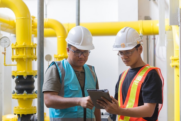 Dos ingenieros asiáticos que trabajan en el mantenimiento de la sala de calderas verifican los datos técnicos de los equipos del sistema de calefacción Gente tailandesa Discutir el tema de la presión de la tubería