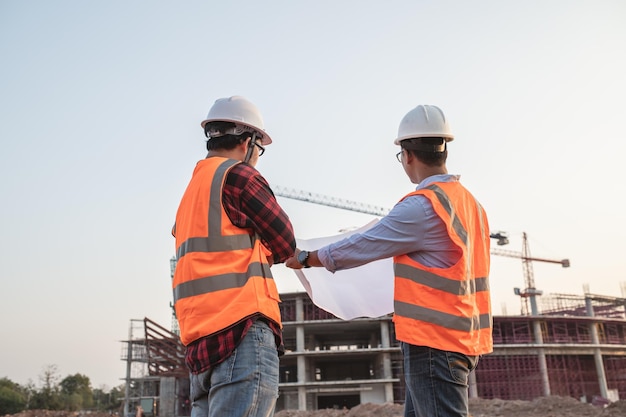 Dos ingenieros asiáticos trabajando en el sitio de un gran proyecto de construcciónGente tailandesaTrabajar horas extra en el sitio de construcciónEquipo de disco de ingeniero en el sitio