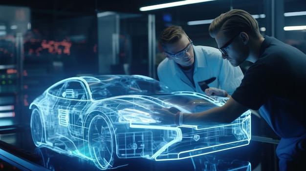 Dos ingenieros automotrices profesionales eligen la forma de un coche eléctrico utilizando un futurista holograma de realidad aumentada gráficos por computadora 3D de alta tecnología de desarrollo automotriz animación VFX