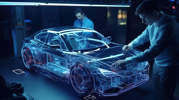 Dos ingenieros automotrices profesionales eligen la forma de un coche eléctrico utilizando un futurista holograma de realidad aumentada gráficos por computadora 3D de alta tecnología de desarrollo automotriz animación VFX