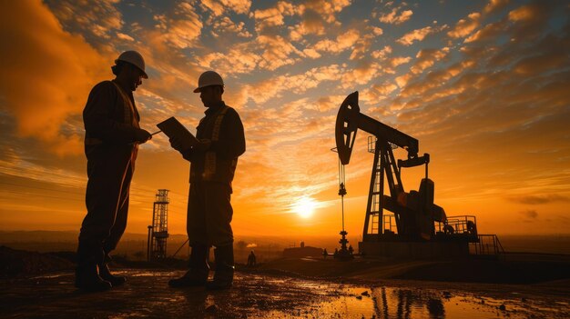 Foto dos ingenieros con cascos y chalecos reflectantes están discutiendo sobre una tableta con un fondo de planta de refinería industrial al atardecer