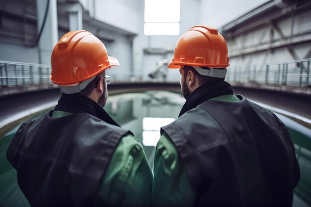 Dos ingenieros con cascos discutiendo algo mientras están parados en una fábrica. Dos ingenieros industriales están en el retrovisor usando uniforme Generado por IA