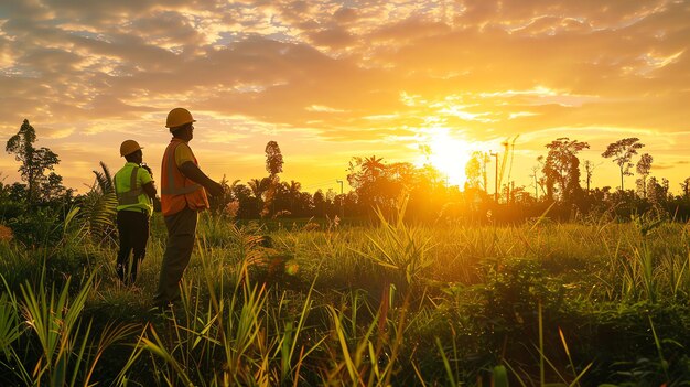 Foto dos ingenieros con cascos están de pie en un campo cubierto de hierba al atardecer están mirando hacia el horizonte el sol se está poniendo detrás de ellos