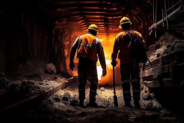 Dos ingenieros con cascos naranjas supervisor de construcción subterránea en la construcción del metro