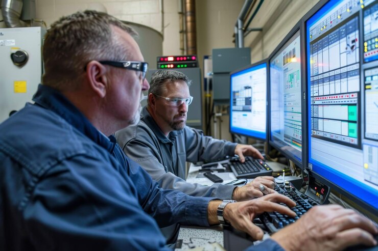 Foto dos ingenieros se centraron en pantallas de computadora analizando el rendimiento del sistema en un entorno de fábrica ingenieros analizan el desempeño del sistema a través de un sistema scada