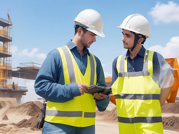 Dos ingenieros civiles y un trabajador de la construcción planifican el progreso de la obra