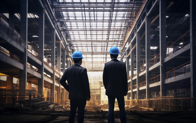 Foto dos ingenieros de construcción empresarios asiáticos supervisando el progreso del proyecto de construcción