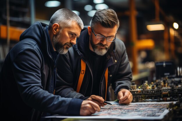 Foto dos ingenieros eléctricos que trabajan en una central eléctrica ingeniero masculino observa los circuitos eléctricos y planifica la producción de energía de alto voltaje