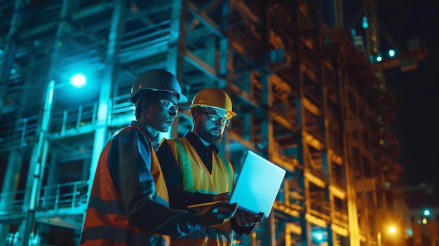 Dos ingenieros con equipo de seguridad usando una computadora portátil en un sitio de construcción iluminado por la noche