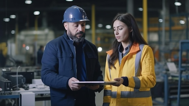 Foto dos ingenieros gerentes líder y asistente mujer sosteniendo computadora portátil con casco