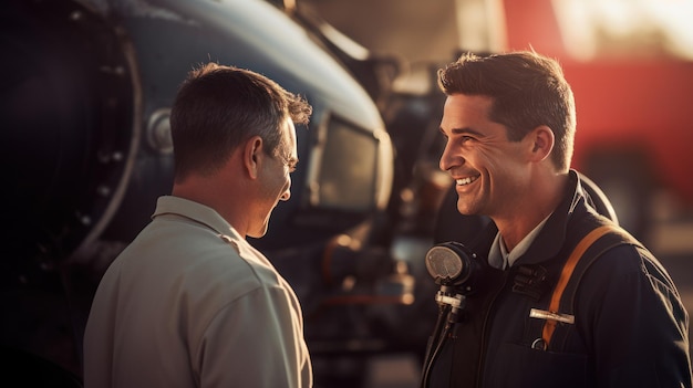 Foto dos ingenieros hablando en el sitio de construcciones de aviones con motor