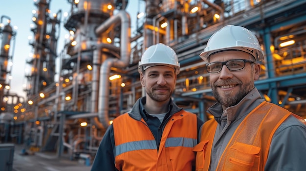 dos ingenieros de la industria petrolera de pie frente a una gran refinería de petróleo al atardecer