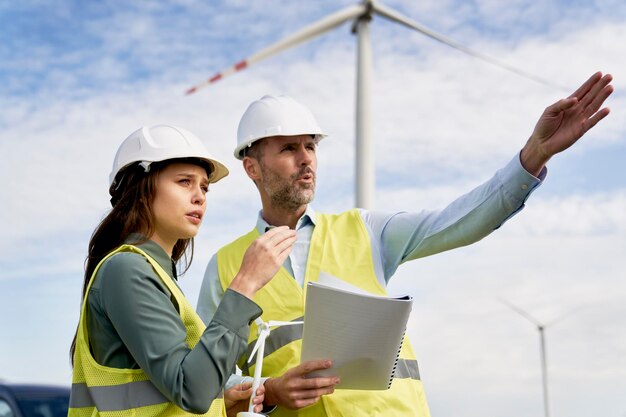 Dos ingenieros de pie en el campo de la turbina eólica discutiendo sobre documentos y apuntando al espacio