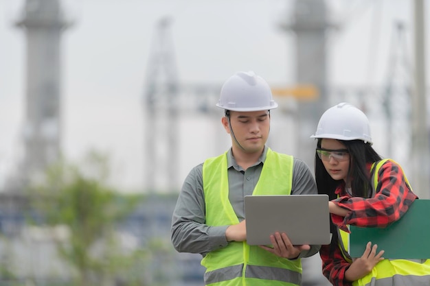 Dos ingenieros que trabajan en la planta de energía. Trabajan juntos felizmente. Se ayudan mutuamente a analizar el problema. Consultan las pautas de desarrollo.