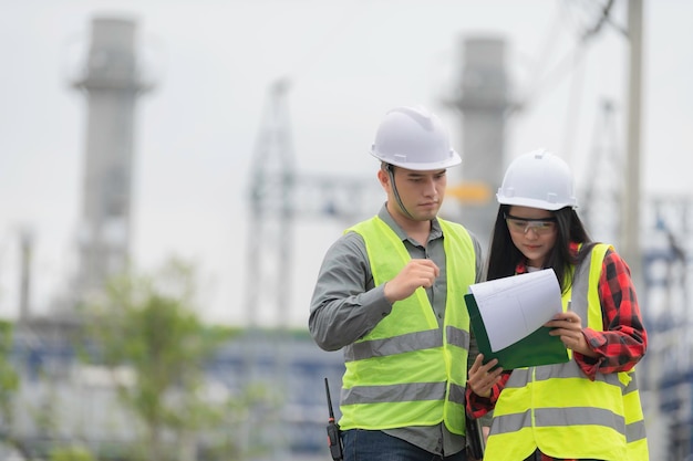 Dos ingenieros que trabajan en la planta de energía. Trabajan juntos felizmente. Se ayudan mutuamente a analizar el problema. Consultan las pautas de desarrollo.