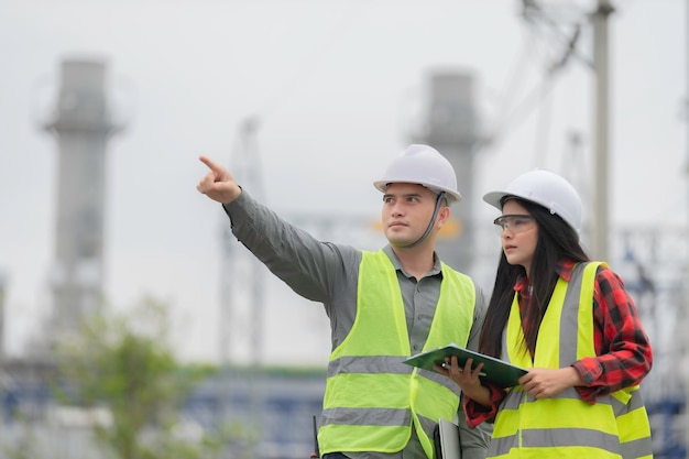 Dos ingenieros que trabajan en la planta de energía. Trabajan juntos felizmente. Se ayudan mutuamente a analizar el problema. Consultan las pautas de desarrollo.