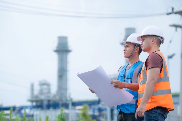 Dos ingenieros que trabajan en la planta de energía. Trabajan juntos felizmente. Se ayudan mutuamente a analizar el problema. Consultan las pautas de desarrollo.