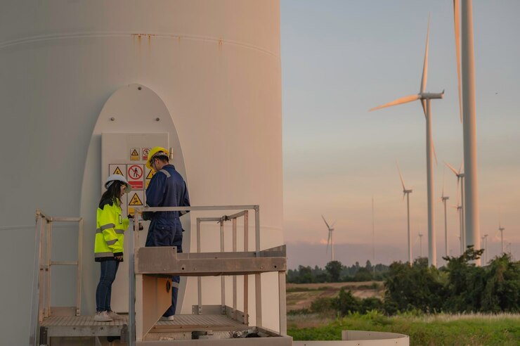 Dos ingenieros que trabajan y sostienen el informe en la estación de generación de energía de la granja de turbinas eólicas en la montaña Gente de Tailandia Técnico hombre y mujer discuten sobre el trabajo