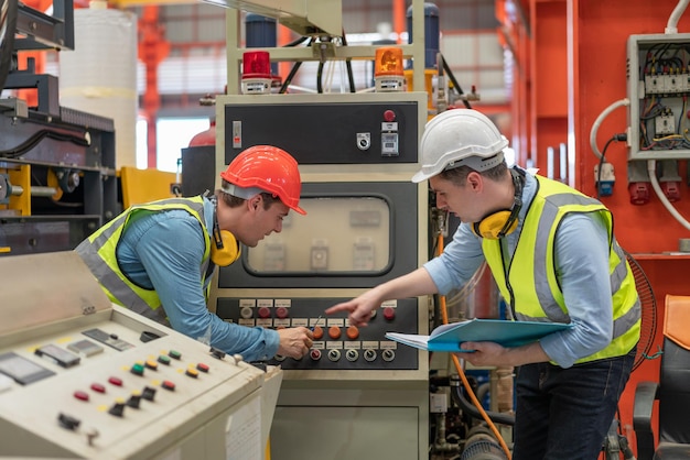 Dos ingenieros revisando y manteniendo la máquina CNC en la fábrica de la industria