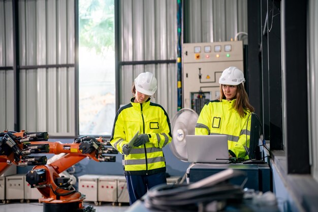 Dos ingenieros supervisan los sistemas robóticos en una instalación industrial durante las operaciones diurnas