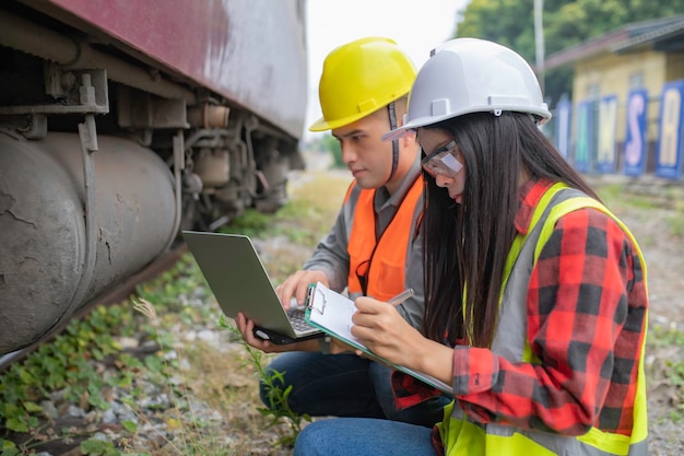 Dos ingenieros trabajando en la estación de trenTrabajar juntos felizmenteAyudarse mutuamente a analizar el problemaConsultar sobre las pautas de desarrollo