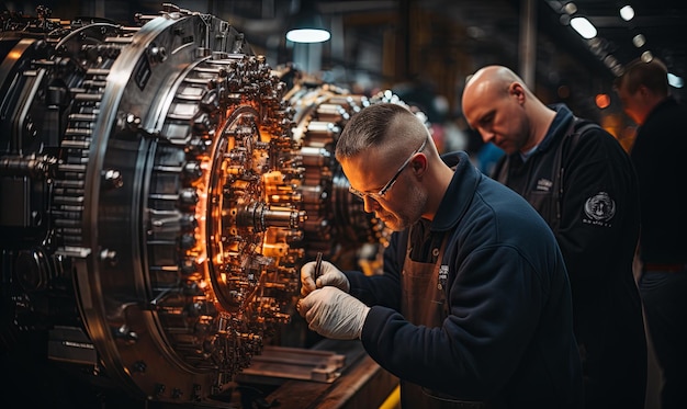 Dos ingenieros trabajando en máquinas en una fábrica