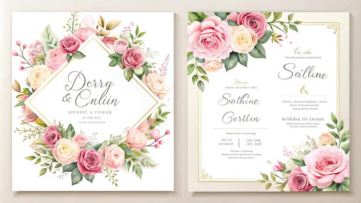 Foto dos invitaciones de boda con hojas de oro y un fondo de oro