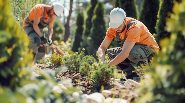 Foto dos jardineros con ropa de trabajo naranja y cascos blancos están plantando arbustos de thuja en un jardín