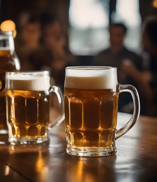 Dos jarras de cerveza llenas de líquido burbujeante dorado esperan ansiosamente ser servidas en una tradicional mesa de madera.