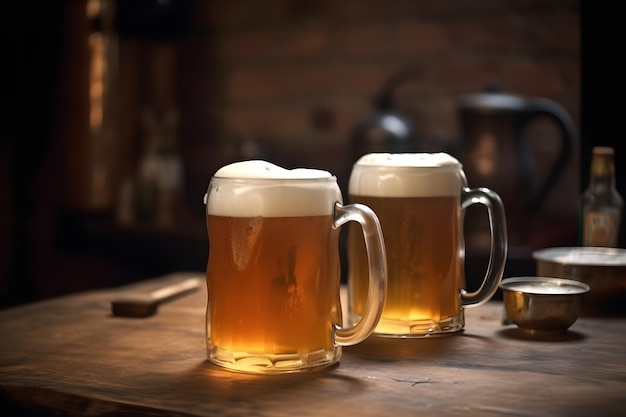 Dos jarras de cerveza en una mesa de madera con una pequeña taza de espuma