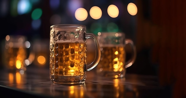 Dos jarras de cerveza se sientan en una barra de bar, con la palabra cerveza en el vaso.