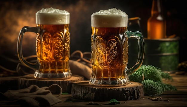 Dos jarras de cerveza se sientan en una mesa de madera con un montón de otras botellas de cerveza sobre ellas.