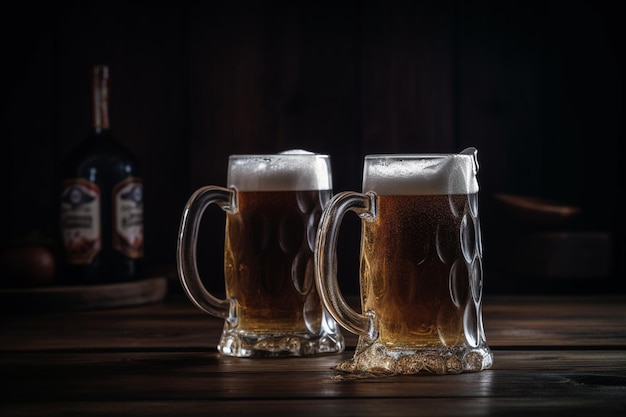 Dos jarras de cerveza sobre una mesa de madera con una botella de cerveza detrás.