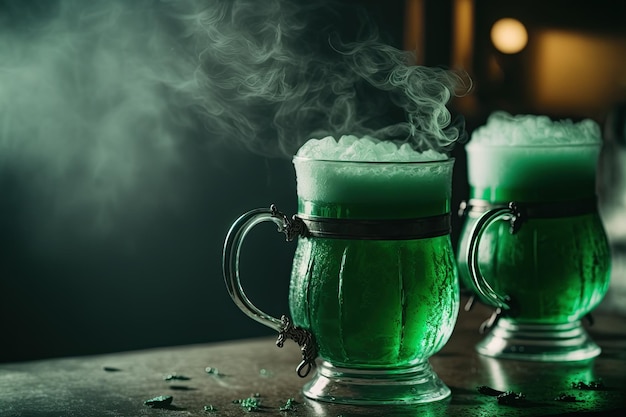 Dos jarras de cerveza verde en el bar en el pub Símbolo de la celebración del Día de San Patricio