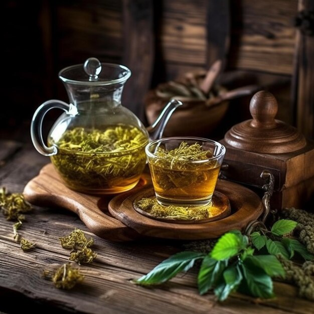 Foto dos jarras de té y un frasco de té en una mesa