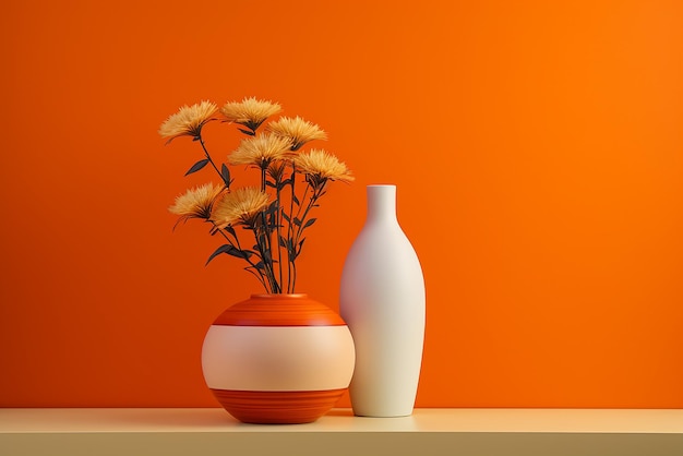 Dos jarrones de cerámica con flores sobre fondo naranja