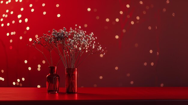 Dos jarrones de flores están en una mesa roja