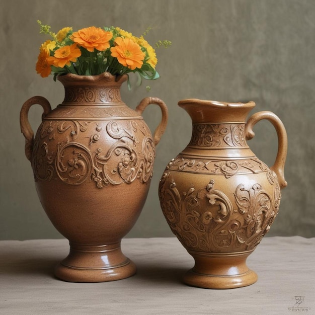 dos jarrones con flores en una mesa y uno tiene una flor en él