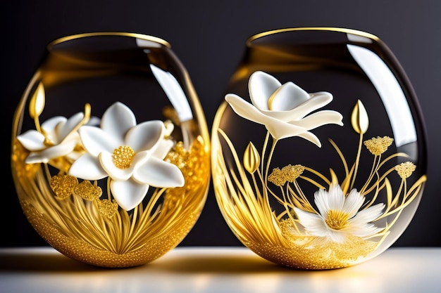Dos jarrones con flores se sientan sobre una mesa.