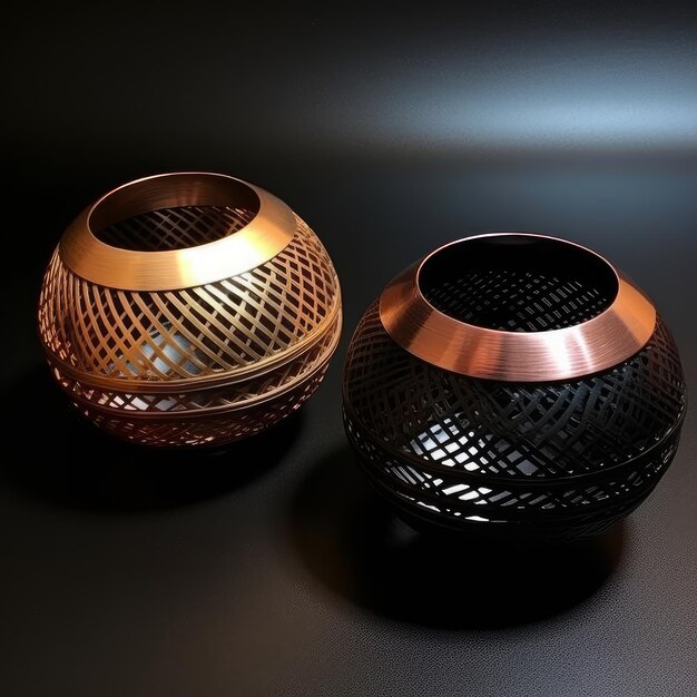 Dos jarrones negros y cobre con detalles en cobre se sientan uno al lado del otro.