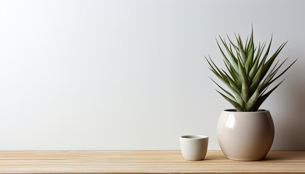 dos jarrones con una planta en una mesa y una olla en la mesa